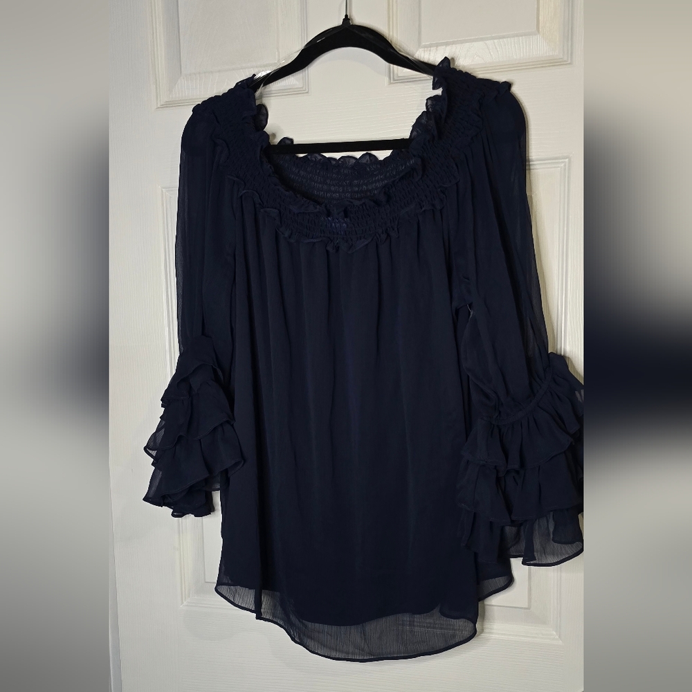 CeCe Navy Ruffled Long Sleeve Blouse